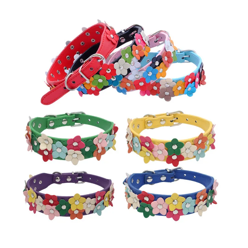 Double Row of Colorful Flowers Pet Dog Cat Neck Collar Leather Dog Collar