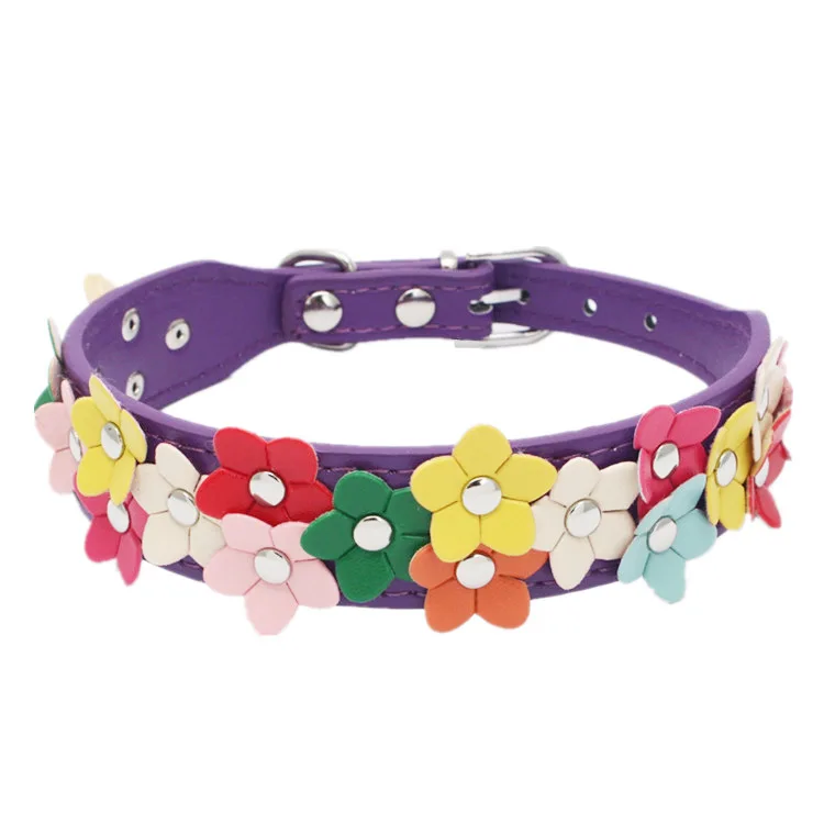 Double Row of Colorful Flowers Pet Dog Cat Neck Collar Leather Dog Collar