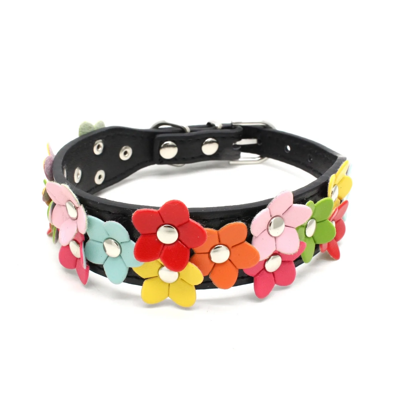 Double Row of Colorful Flowers Pet Dog Cat Neck Collar Leather Dog Collar