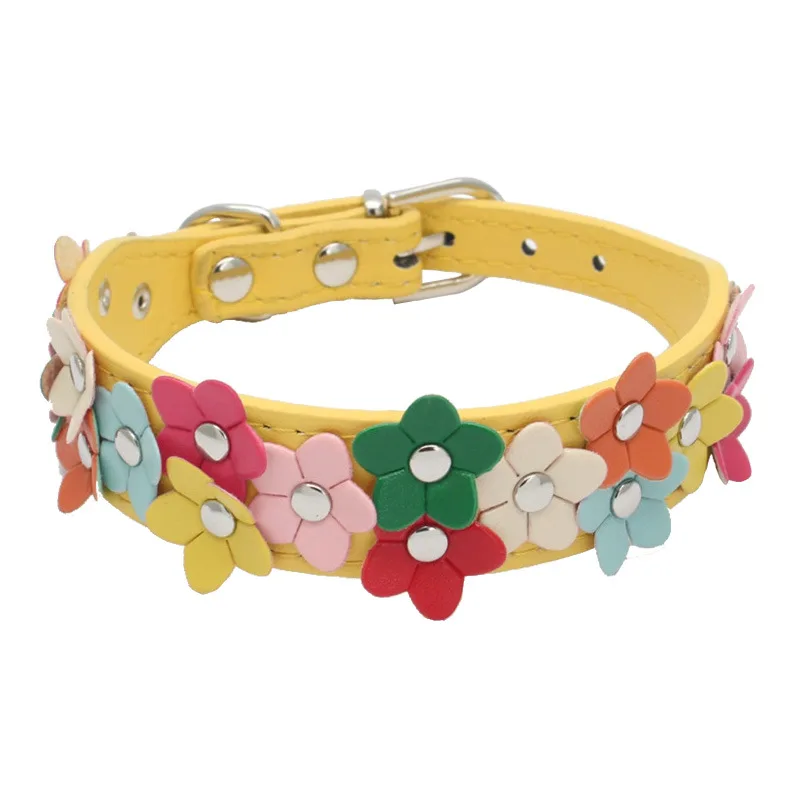 Double Row of Colorful Flowers Pet Dog Cat Neck Collar Leather Dog Collar