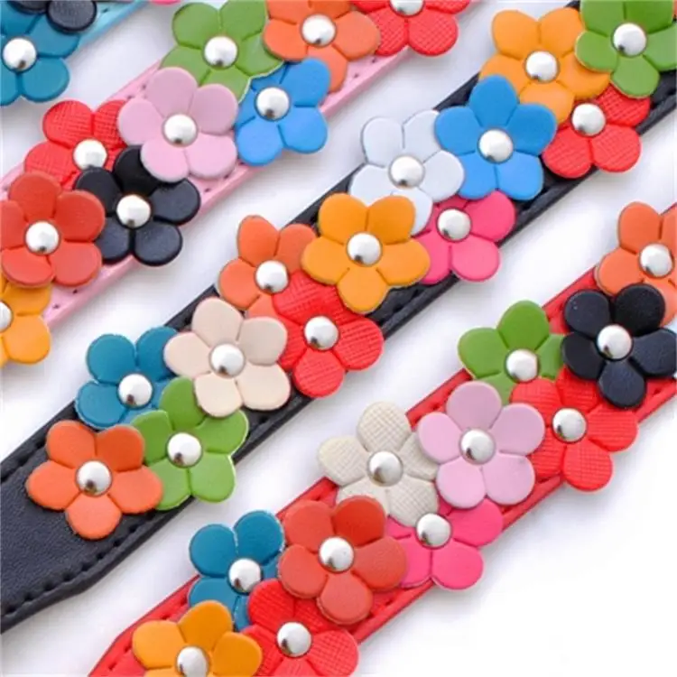 Double Row of Colorful Flowers Pet Dog Cat Neck Collar Leather Dog Collar