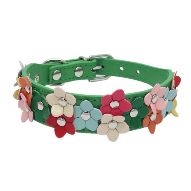 Double Row of Colorful Flowers Pet Dog Cat Neck Collar Leather Dog Collar