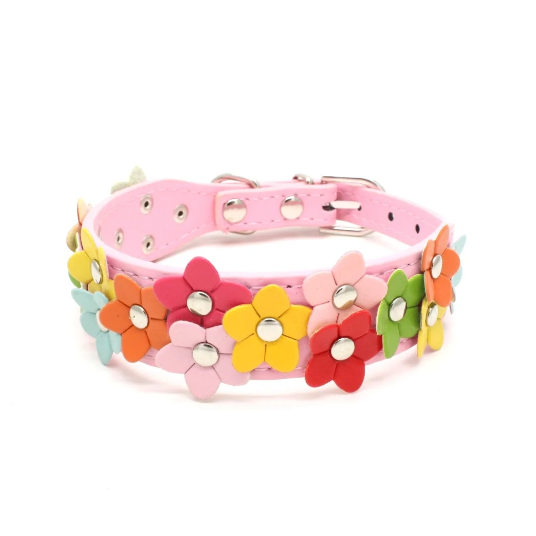 Double Row of Colorful Flowers Pet Dog Cat Neck Collar Leather Dog Collar