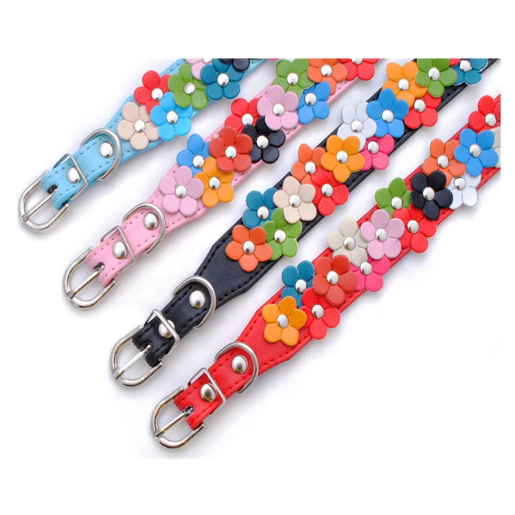Double Row of Colorful Flowers Pet Dog Cat Neck Collar Leather Dog Collar