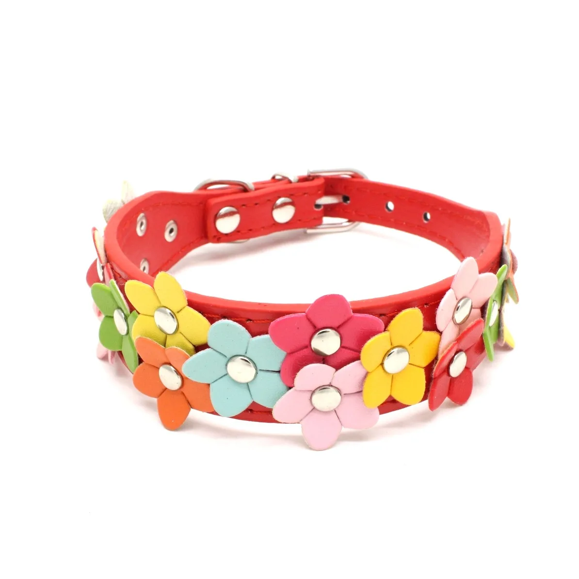 Double Row of Colorful Flowers Pet Dog Cat Neck Collar Leather Dog Collar