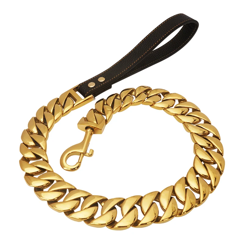Factory 32MM Dog Lead Gold Dog Leash Stainless Steel Metal Chew Proof for Large Dogs Pet Traction Rope
