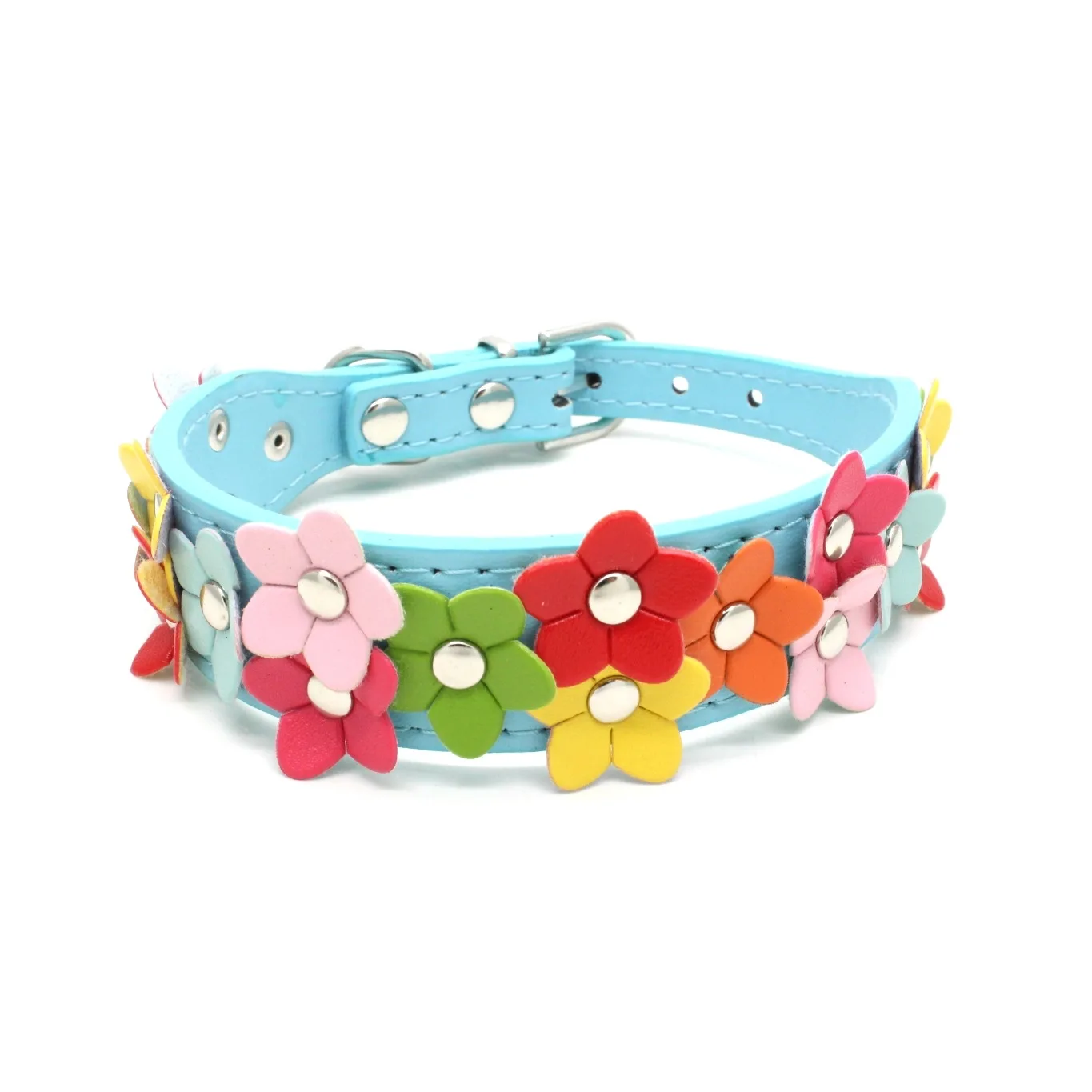 Double Row of Colorful Flowers Pet Dog Cat Neck Collar Leather Dog Collar