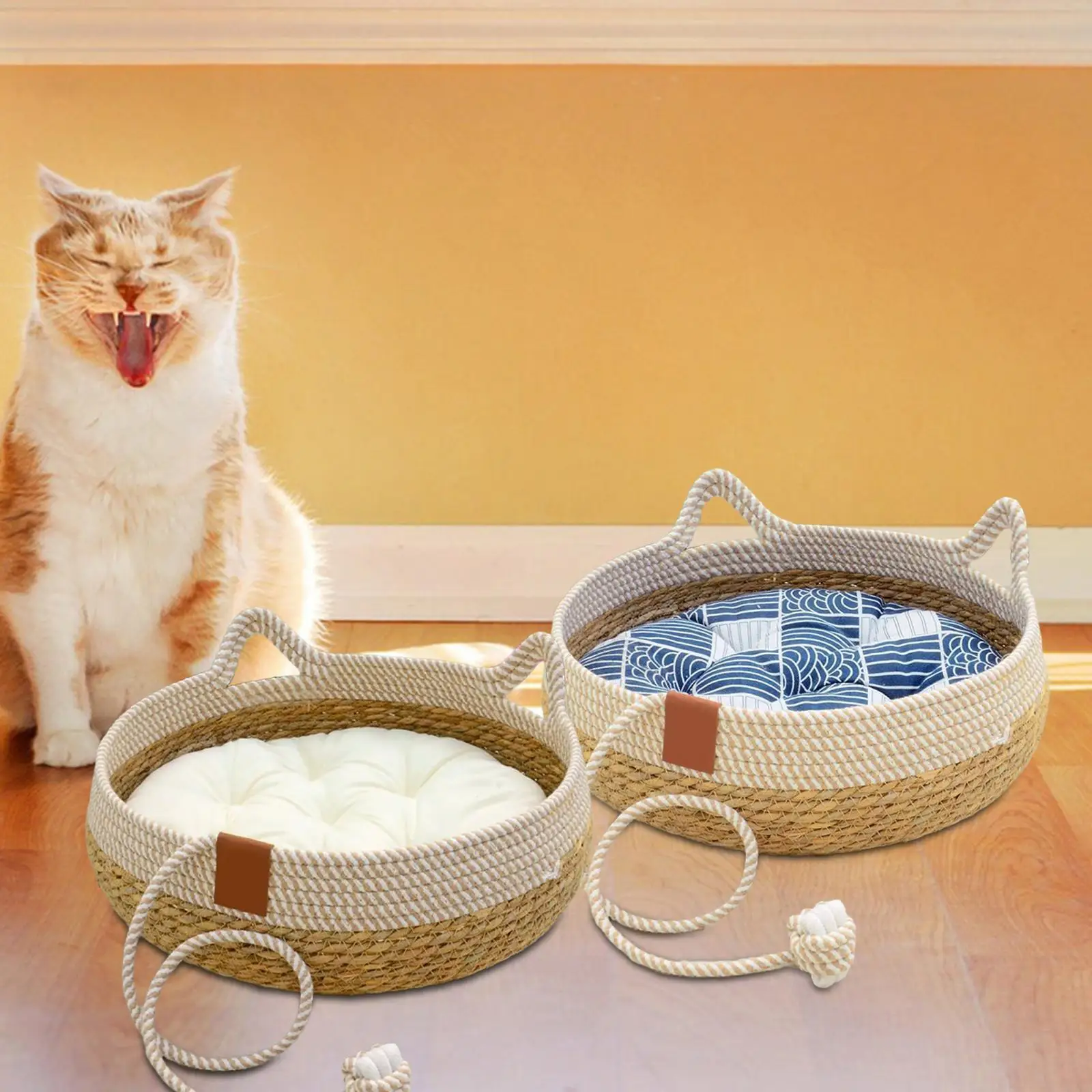 Cat Bed, Cat Scratch Pad Nest, Comfortable Woven with Removable Cushion Cat
