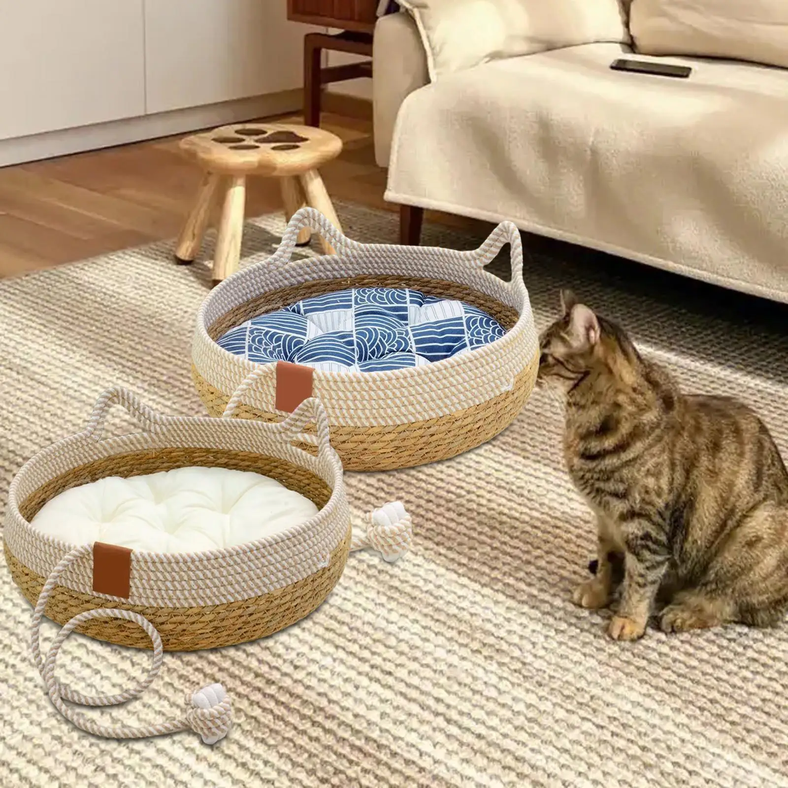 Cat Bed, Cat Scratch Pad Nest, Comfortable Woven with Removable Cushion Cat