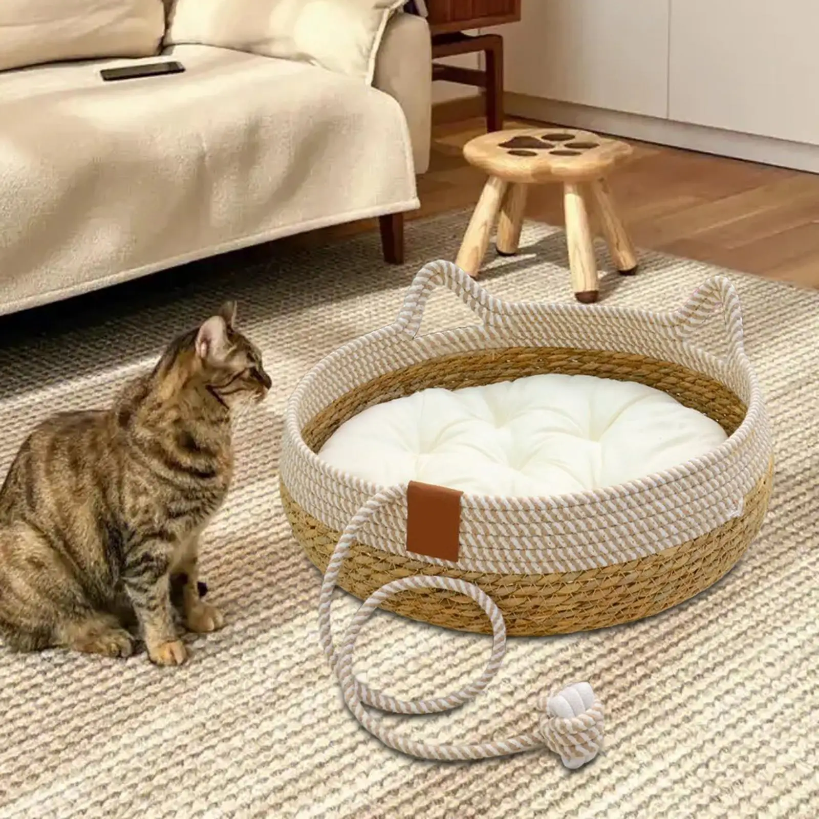 Cat Bed, Cat Scratch Pad Nest, Comfortable Woven with Removable Cushion Cat